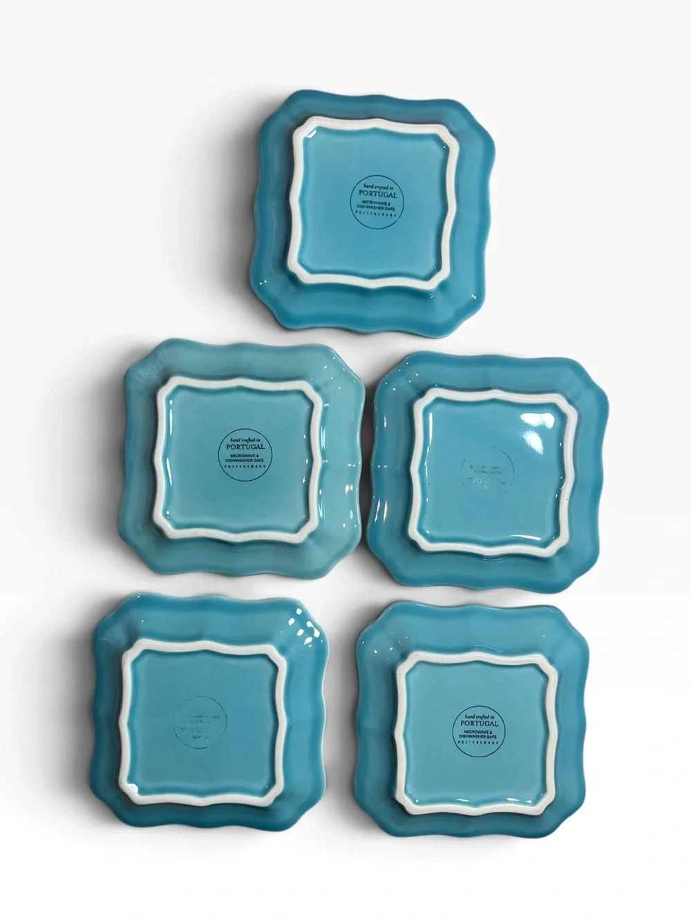 Pottery Barn Turquoise Square Scalloped Ceramic 5.25” Tidbit Plates - Set of 5